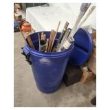 Large Blue Barrel with Assorted Metal Tubing, Rods, and Screening Material