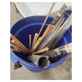 Large Blue Barrel with Assorted Metal Tubing, Rods, and Screening Material