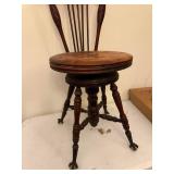 Antique Wood Piano Stool with Claw Feet and Ornate Backrest