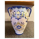 Hand-Painted Ceramic Vase with Dual Handles and Floral Motif, 12 Inch