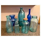 Collection of 7 Blue and Aqua Glass Bottles and Vases