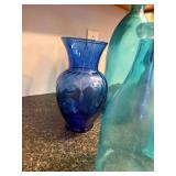 Collection of 7 Blue and Aqua Glass Bottles and Vases