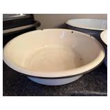 Set of 4 Vintage White Enamel Wash Basins and Red Trim Utility Pot with Mirro Food Chopper