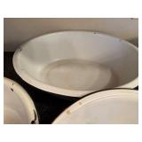 Set of 4 Vintage White Enamel Wash Basins and Red Trim Utility Pot with Mirro Food Chopper