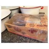 Set of 4 Vintage White Enamel Wash Basins and Red Trim Utility Pot with Mirro Food Chopper