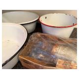 Set of 4 Vintage White Enamel Wash Basins and Red Trim Utility Pot with Mirro Food Chopper