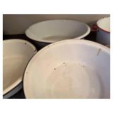 Set of 4 Vintage White Enamel Wash Basins and Red Trim Utility Pot with Mirro Food Chopper