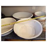 Set of 4 Vintage White Enamel Wash Basins and Red Trim Utility Pot with Mirro Food Chopper