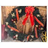 Large Holiday Wreath with Red Ribbon, Pinecones, and Ornaments Approx 48"