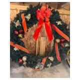 Large Holiday Wreath with Red Ribbon, Pinecones, and Ornaments Approx 48"