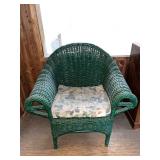 Green Wicker Armchair with Floral Cushion