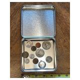 Assorted Vintage and Foreign Coins in Metal Holiday Tin