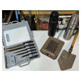 Camping and Outdoor Lot: Knife Set, Vintage Thermoses, Shovel, and Camp Stove