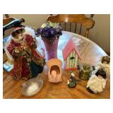 Assorted Collectibles: Porcelain Dolls, Glass Hen Dish, Birdhouse, and Decorative Figurines