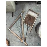 Vintage Wire Rug Beaters with Wooden Handles and Washboard Set