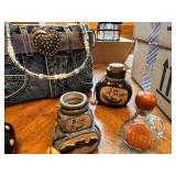 Denim Purse Basket with Beaded Handle and 5 Decorative Potion Jars