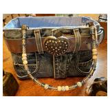 Denim Purse Basket with Beaded Handle and 5 Decorative Potion Jars