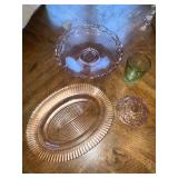 Vintage Glassware Collection Including Pink Depression Glass Plates and Green Bakeware