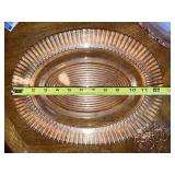 Vintage Glassware Collection Including Pink Depression Glass Plates and Green Bakeware