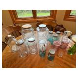 Large Collection of Vintage Mason Jars and Decorative Glass Bottles