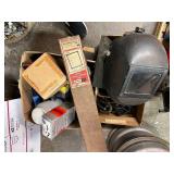 Box of Mixed Hand Tools with Welding Helmet and Frame Clamp