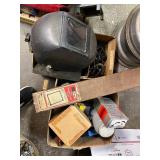 Box of Mixed Hand Tools with Welding Helmet and Frame Clamp