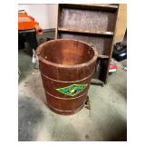 Vintage White Mountain Wooden Ice Cream Bucket and Rustic Wood Display Shelf