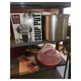 Kitchen Cookware and Utensil Collection Including Soup Pots, Roaster, and Thermometer Fork