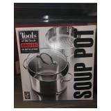 Kitchen Cookware and Utensil Collection Including Soup Pots, Roaster, and Thermometer Fork