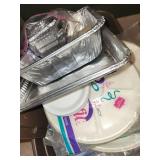 Party Supply Lot with Water Jug, Plastic Plates, Trays, Cups, and Bags
