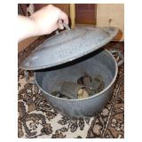 Vintage Gray Enamelware Stock Pot with Assorted Kitchen Utensils