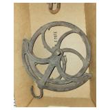 Antique Cast Iron Barn Pulley with Hook, Chain, and Handle