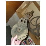 Antique Cast Iron Barn Pulley with Hook, Chain, and Handle