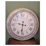 Large Wall Clock with Roman Numerals, Distressed Wood Frame, 25 Inch Diameter