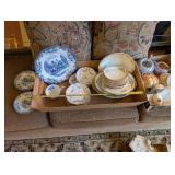 Collection of Vintage China Dishes Including Blue Transferware and Floral Bowls