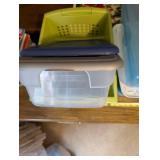 Assorted Storage Bins, Metal Cash Box, Wire Shelf and Kitchen Utensils Set