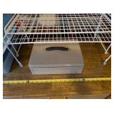 Assorted Storage Bins, Metal Cash Box, Wire Shelf and Kitchen Utensils Set