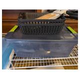 Assorted Storage Bins, Metal Cash Box, Wire Shelf and Kitchen Utensils Set