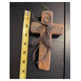 Rustic Wooden Wall Cross with Burlap Detail 7 Inch