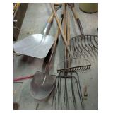 Group of Farm and Garden Tools Including Shovels and Pitchforks