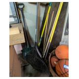 Collection of Garden and Yard Tools - Rakes, Shovel, Snow Shovel, and Brooms
