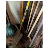 Collection of Garden and Yard Tools - Rakes, Shovel, Snow Shovel, and Brooms
