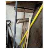 Collection of Garden and Yard Tools - Rakes, Shovel, Snow Shovel, and Brooms
