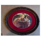 Antique Oval Framed Print of Children Reading with Ornate Floral Detail