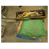 Hand Tools Lot with Saws, Wooden Tool Box, Sledgehammer, and Tarps