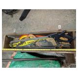 Hand Tools Lot with Saws, Wooden Tool Box, Sledgehammer, and Tarps
