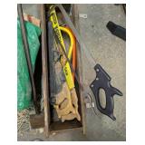 Hand Tools Lot with Saws, Wooden Tool Box, Sledgehammer, and Tarps