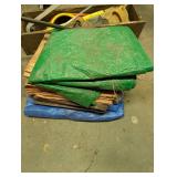 Hand Tools Lot with Saws, Wooden Tool Box, Sledgehammer, and Tarps