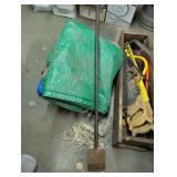 Hand Tools Lot with Saws, Wooden Tool Box, Sledgehammer, and Tarps