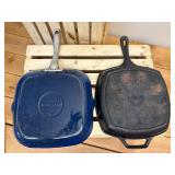 2 10-inch Cast Iron Griddles - 1 has blue enameled bottom